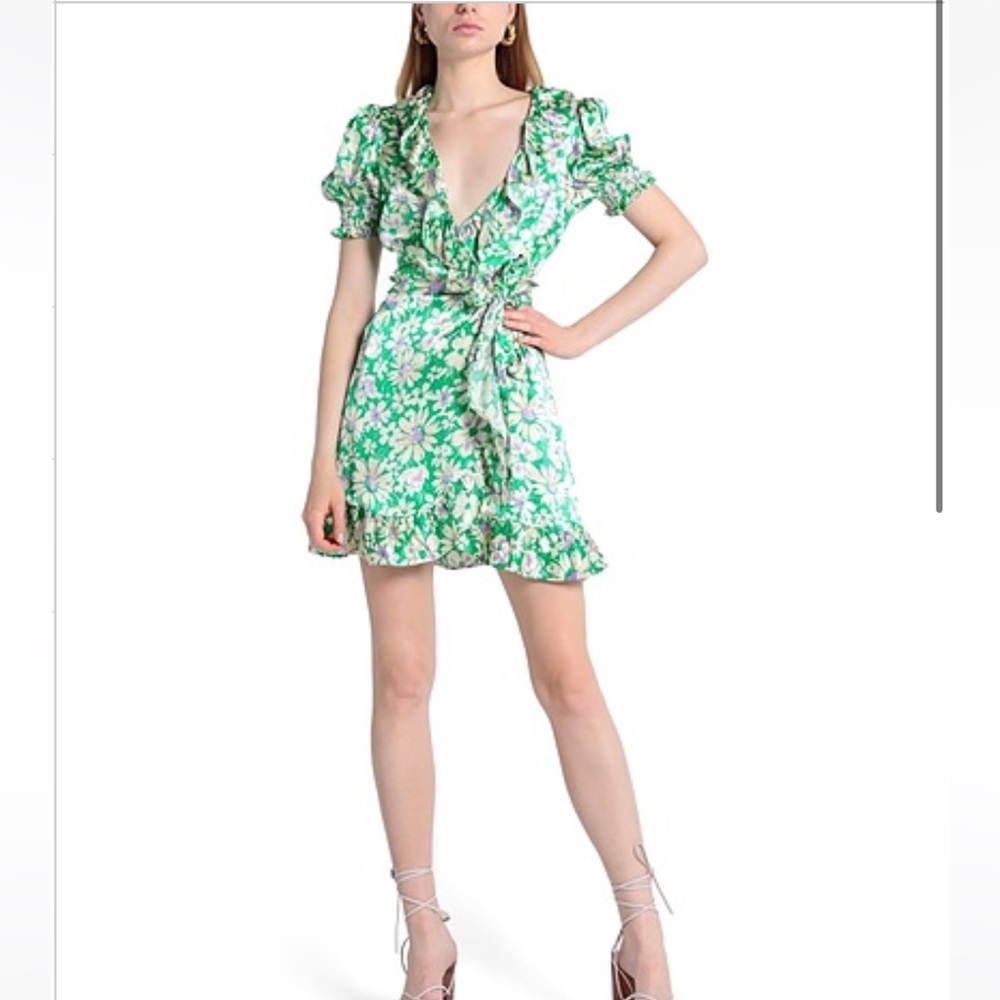 Topshop Floral Wrap Daisy Mini Dress in Green Size US 4